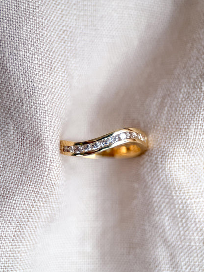 Vintage Diamond Anniversary Band, 18k Gold, Curved Wave Channel Set Band