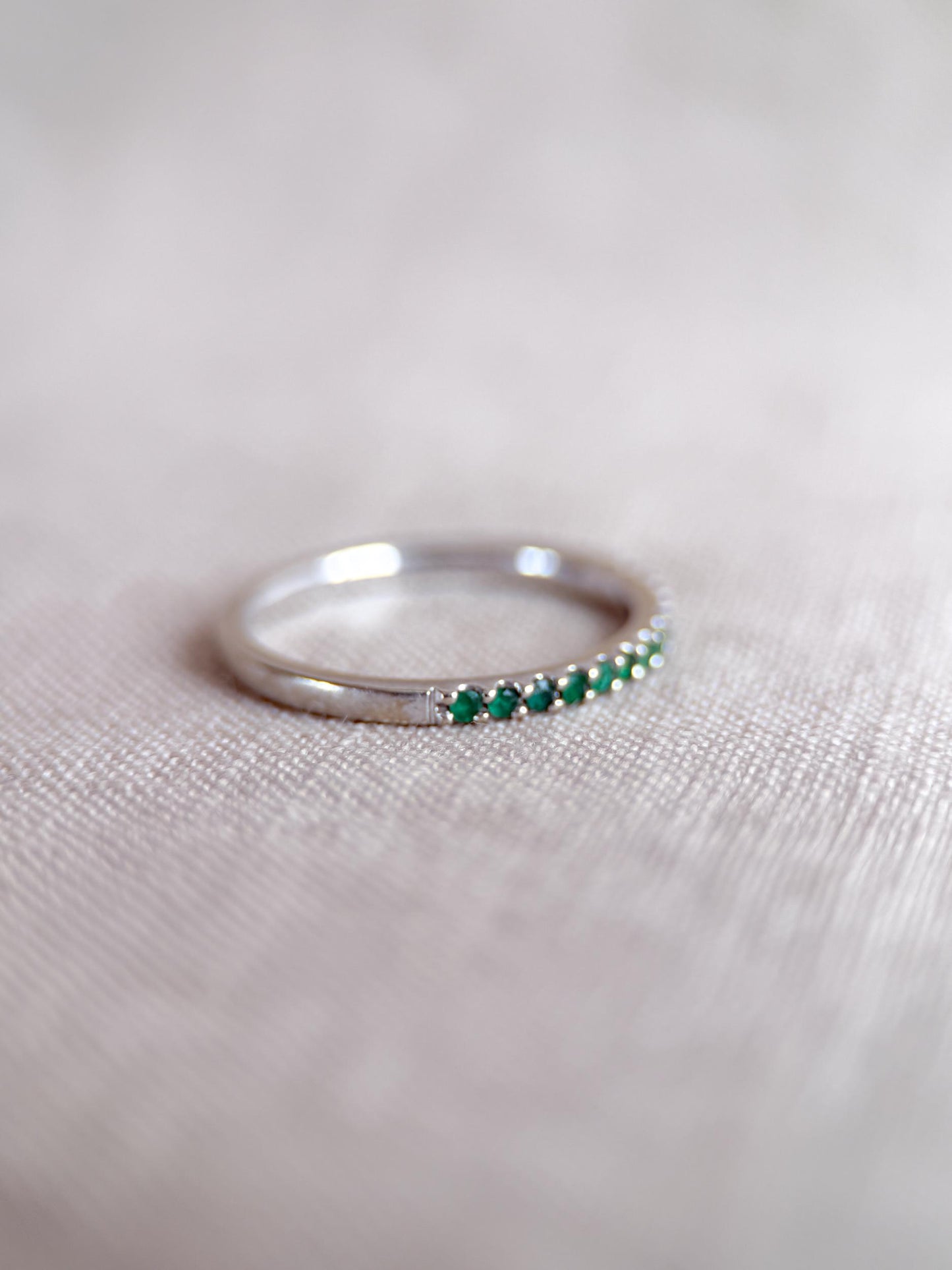 Vintage Emerald Wedding Band, 10k White Gold, Prong Set Classic Minimalist Stacking Band