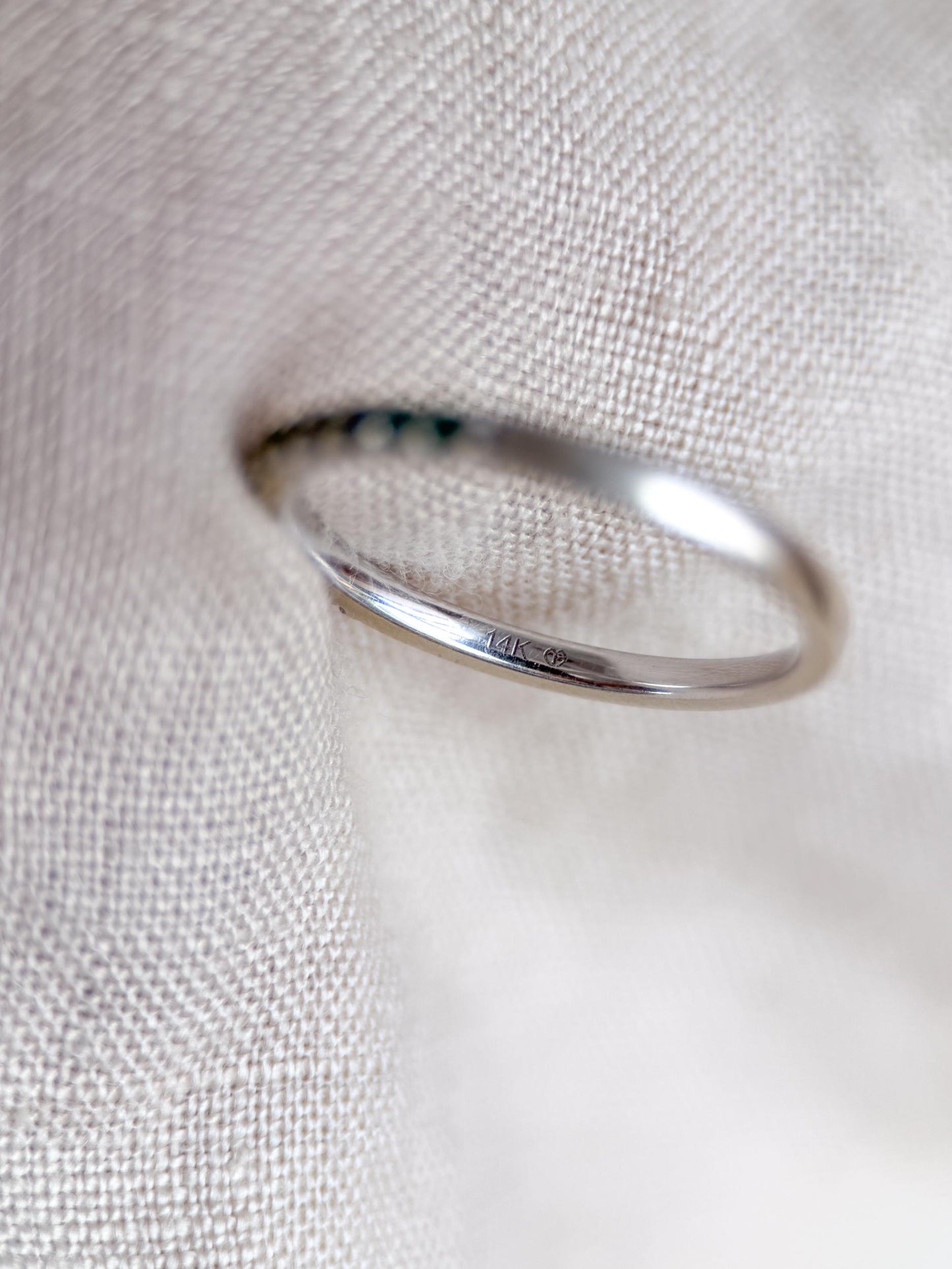 Vintage Emerald Wedding Band, 10k White Gold, Prong Set Classic Minimalist Stacking Band