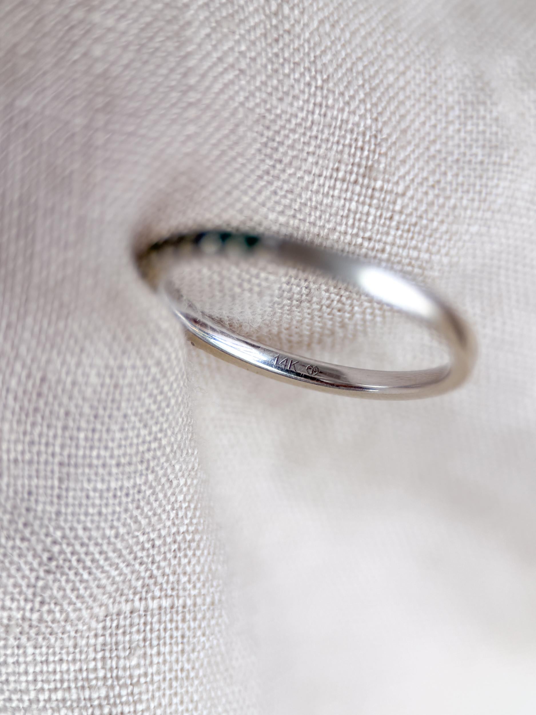 Vintage Emerald Wedding Band, 10k White Gold, Prong Set Classic Minimalist Stacking Band