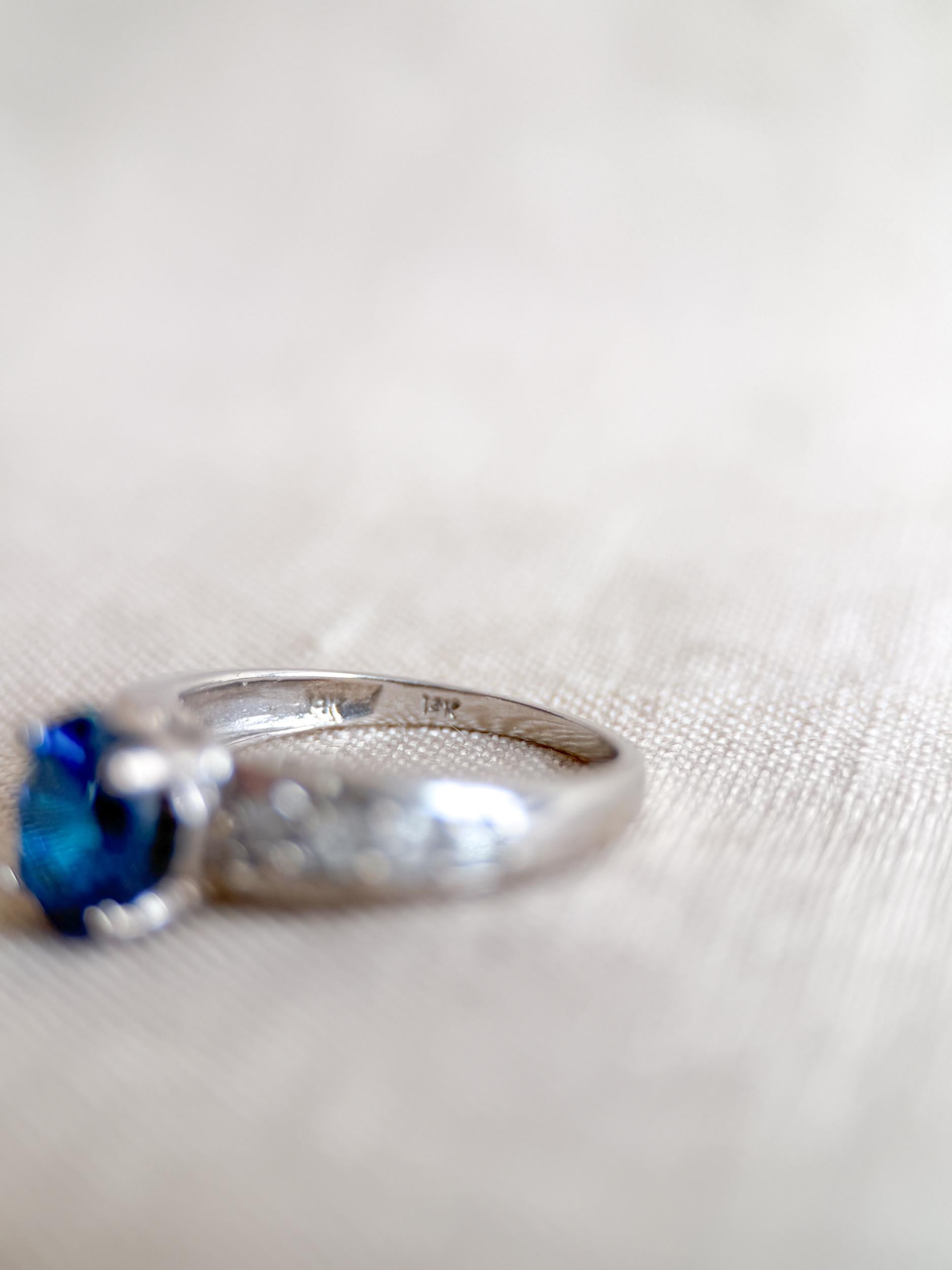 Vintage Blue Topaz and Diamond Engagement Ring, 14k White Gold, Oval Prong Bridal Ring