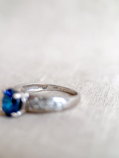 Vintage Blue Topaz and Diamond Engagement Ring, 14k White Gold, Oval Prong Bridal Ring