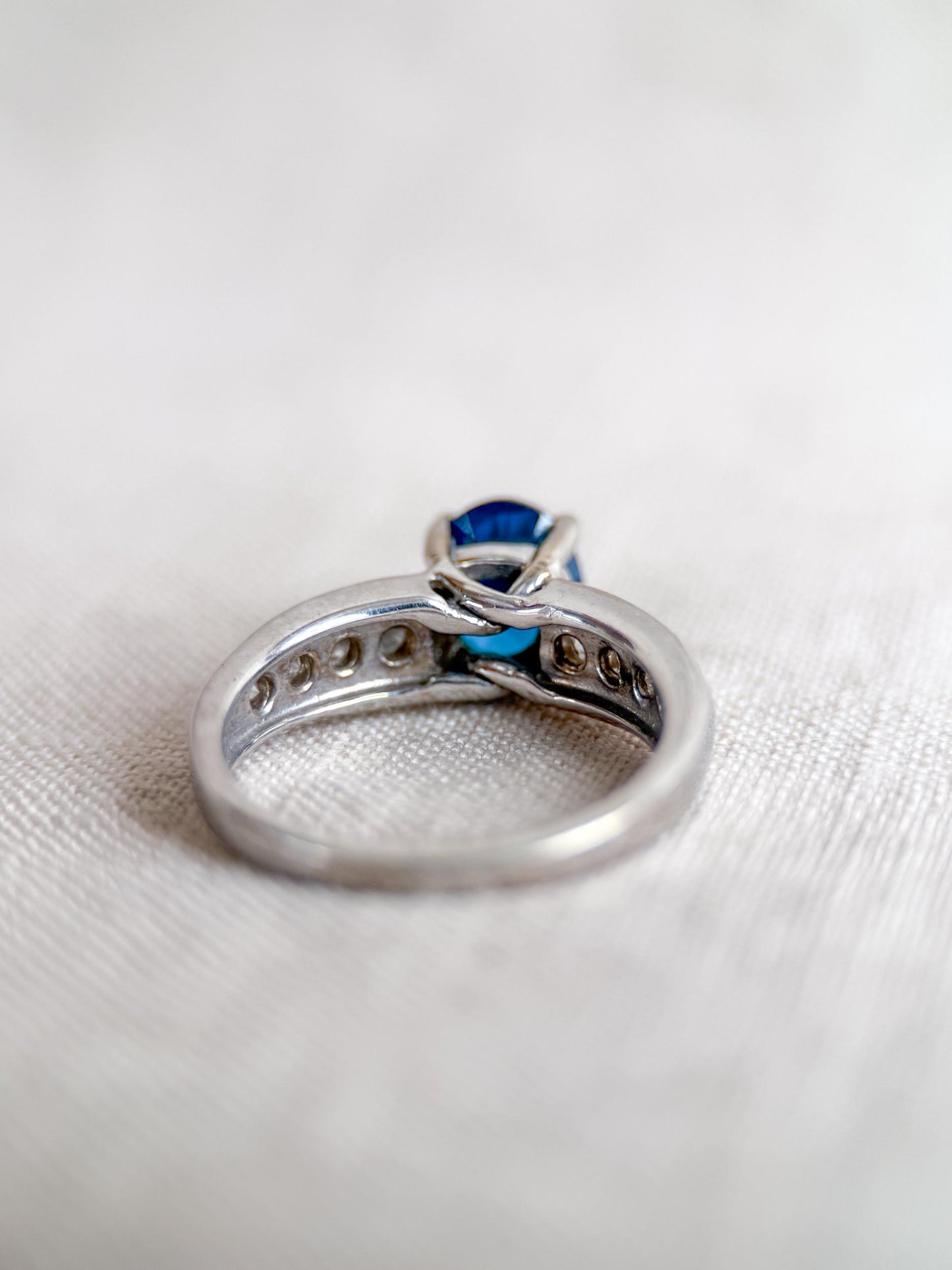 Vintage Blue Topaz and Diamond Engagement Ring, 14k White Gold, Oval Prong Bridal Ring