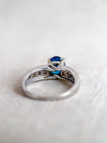 Vintage Blue Topaz and Diamond Engagement Ring, 14k White Gold, Oval Prong Bridal Ring