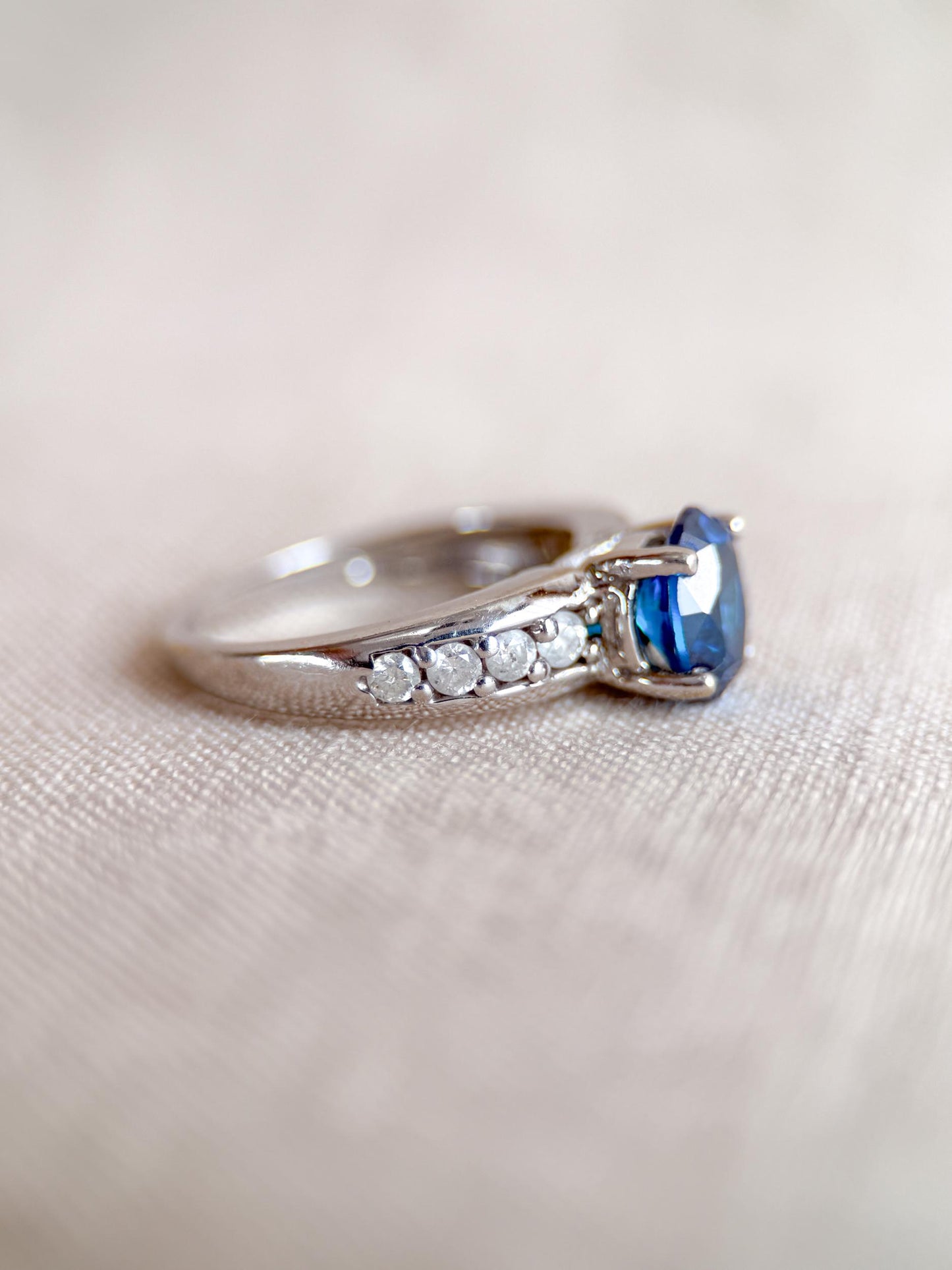 Vintage Blue Topaz and Diamond Engagement Ring, 14k White Gold, Oval Prong Bridal Ring