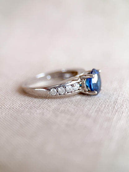 Vintage Blue Topaz and Diamond Engagement Ring, 14k White Gold, Oval Prong Bridal Ring