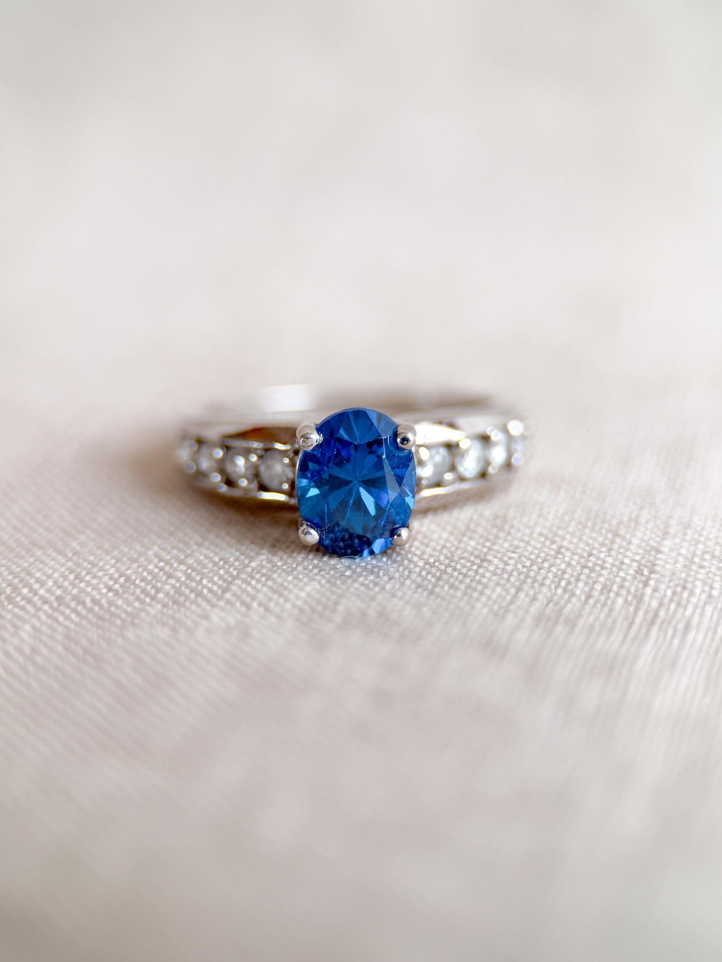 Vintage Blue Topaz and Diamond Engagement Ring, 14k White Gold, Oval Prong Bridal Ring