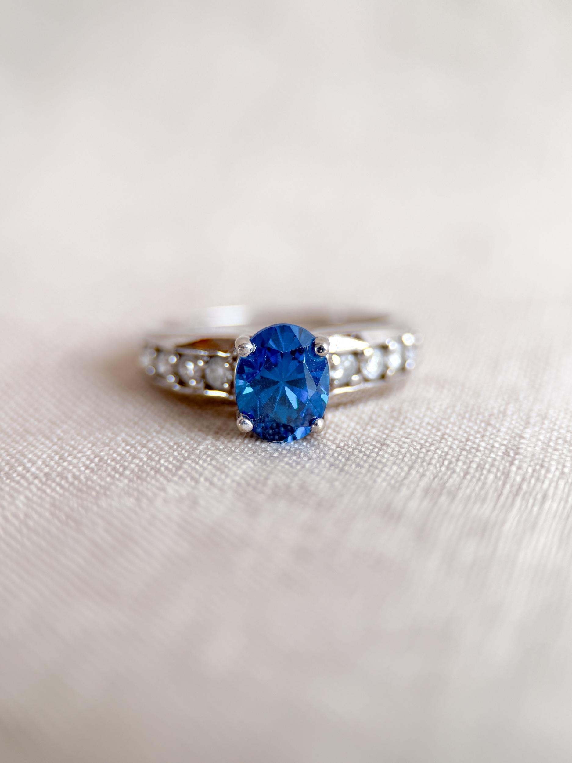 Vintage Blue Topaz and Diamond Engagement Ring, 14k White Gold, Oval Prong Bridal Ring