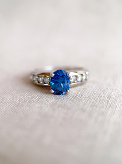 Vintage Blue Topaz and Diamond Engagement Ring, 14k White Gold, Oval Prong Bridal Ring