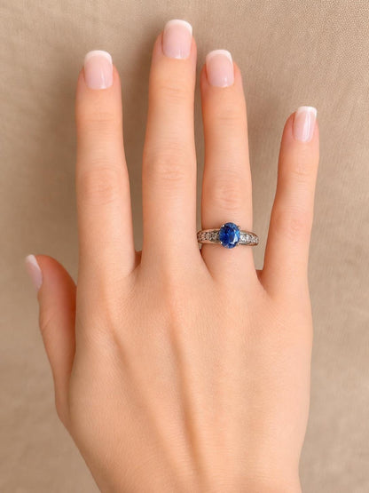 Vintage Blue Topaz and Diamond Engagement Ring, 14k White Gold, Oval Prong Bridal Ring