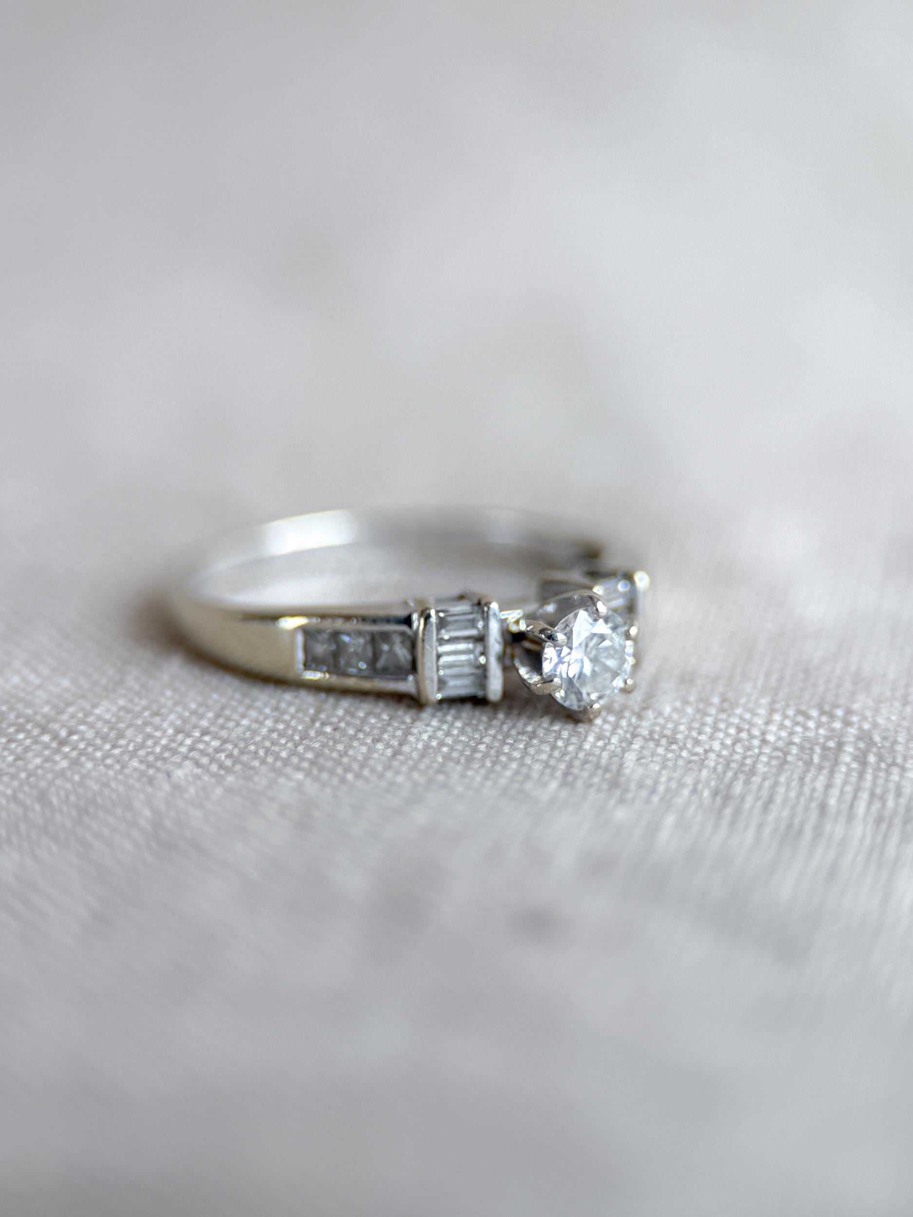 Vintage Diamond Engagement Ring, Round Cut, 14k White Gold, Prong and Channel Bridal Ring
