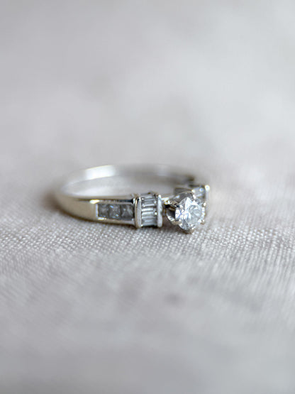 Vintage Diamond Engagement Ring, Round Cut, 14k White Gold, Prong and Channel Bridal Ring