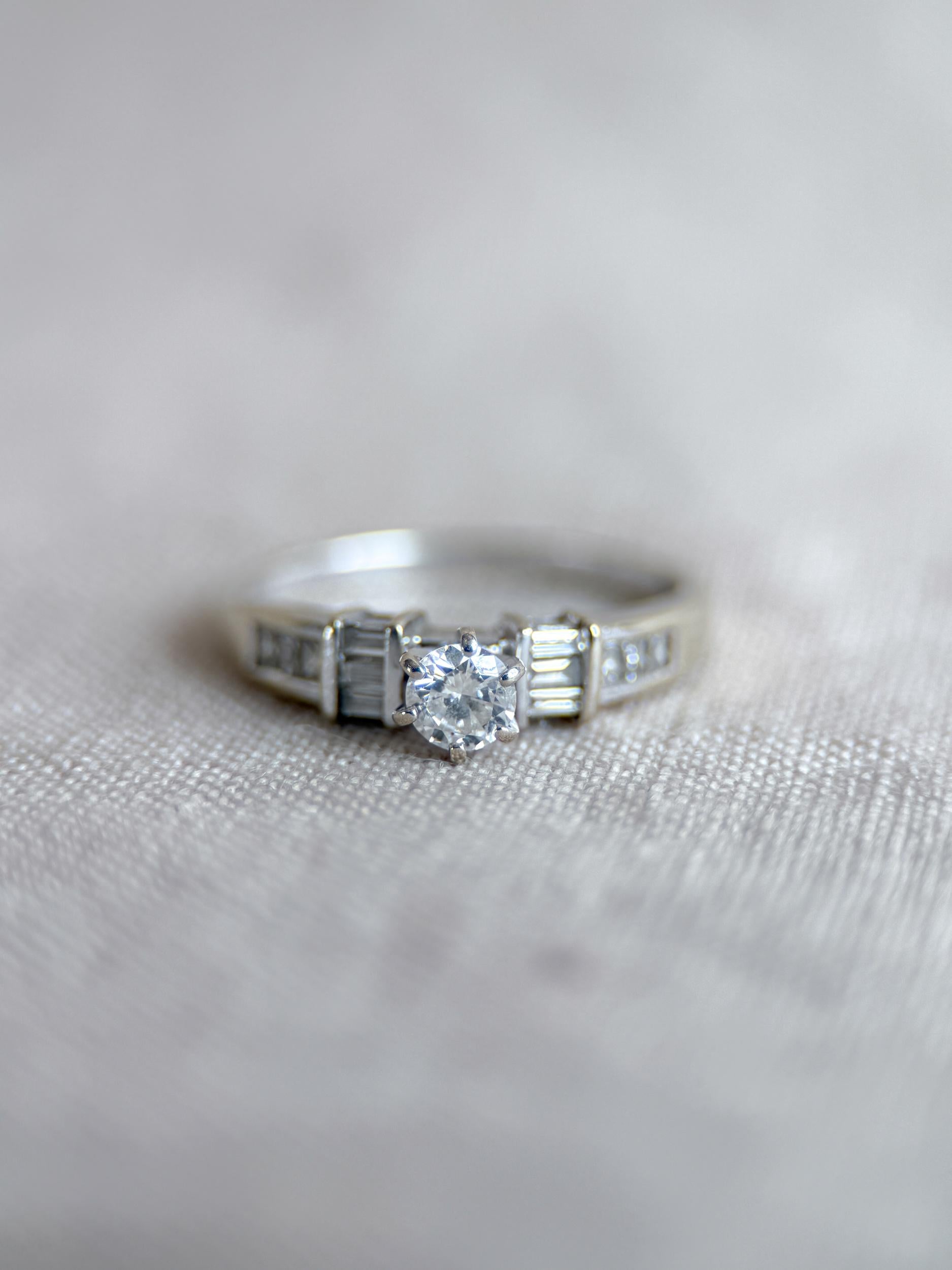 Vintage Diamond Engagement Ring, Round Cut, 14k White Gold, Prong and Channel Bridal Ring