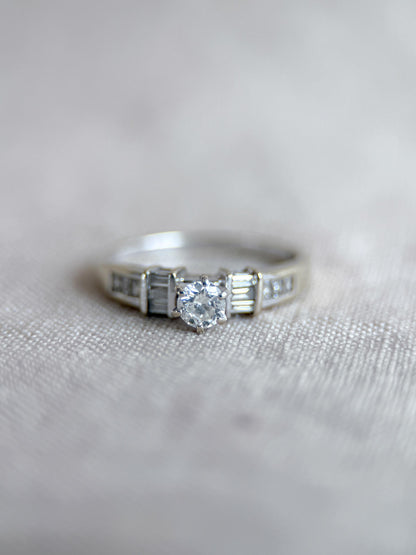 Vintage Diamond Engagement Ring, Round Cut, 14k White Gold, Prong and Channel Bridal Ring