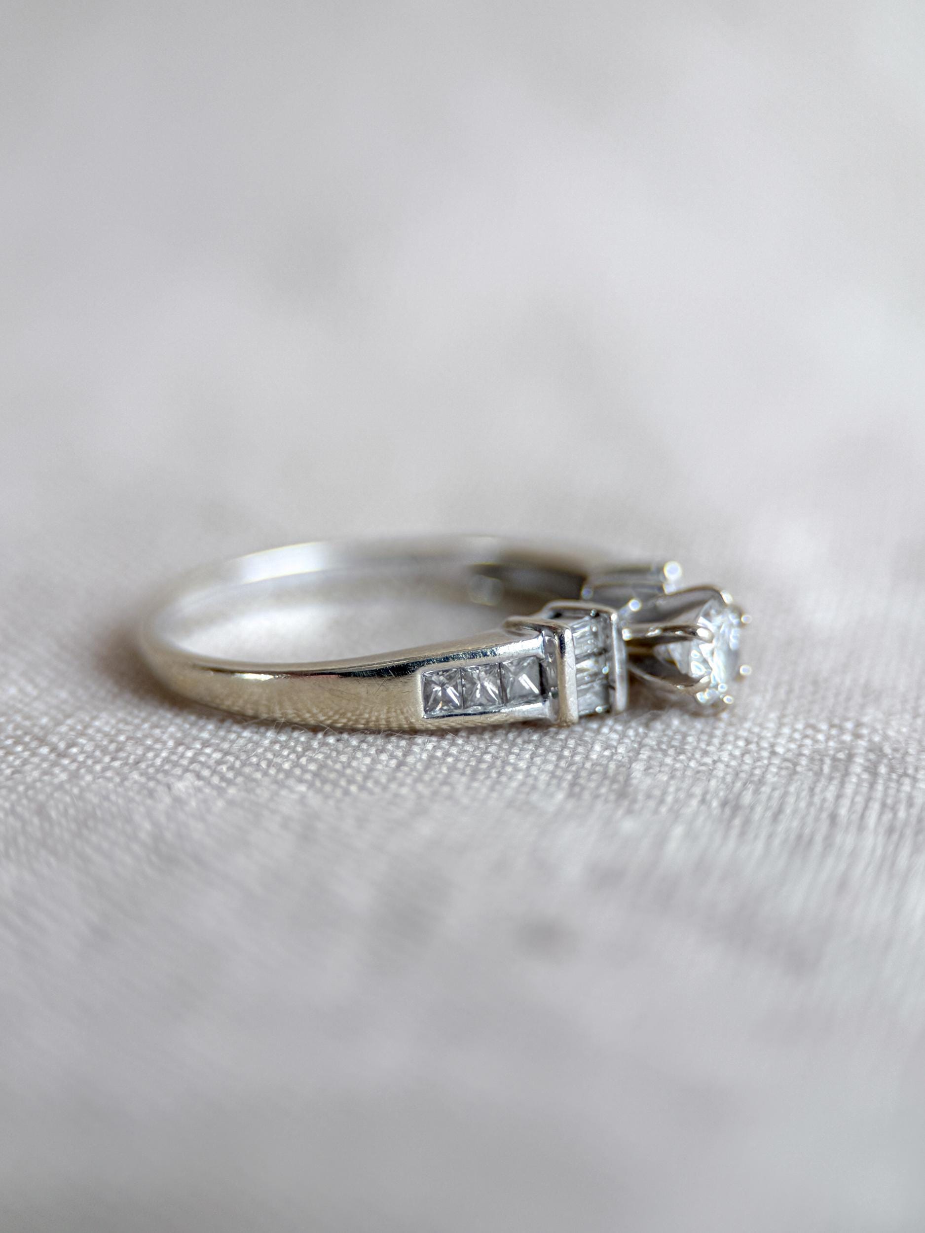 Vintage Diamond Engagement Ring, Round Cut, 14k White Gold, Prong and Channel Bridal Ring