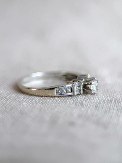 Vintage Diamond Engagement Ring, Round Cut, 14k White Gold, Prong and Channel Bridal Ring