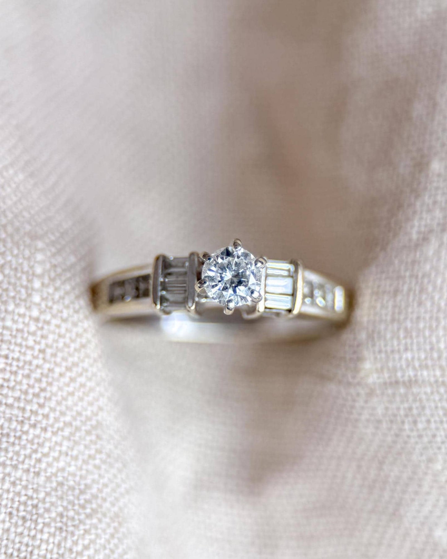 Vintage Diamond Engagement Ring, Round Cut, 14k White Gold, Prong and Channel Bridal Ring