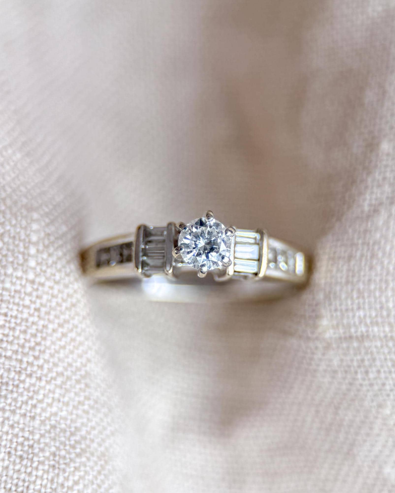 Vintage Diamond Engagement Ring, Round Cut, 14k White Gold, Prong and Channel Bridal Ring