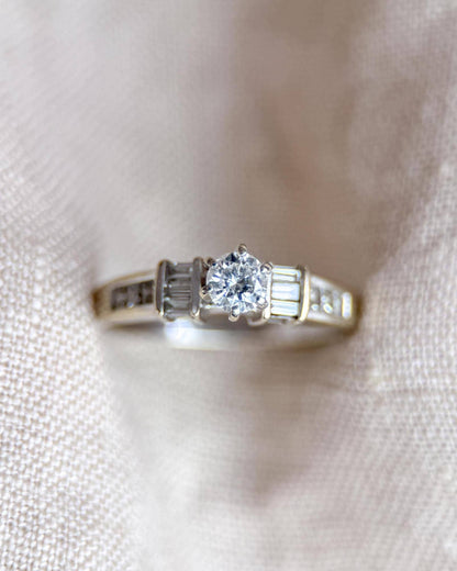 Vintage Diamond Engagement Ring, Round Cut, 14k White Gold, Prong and Channel Bridal Ring