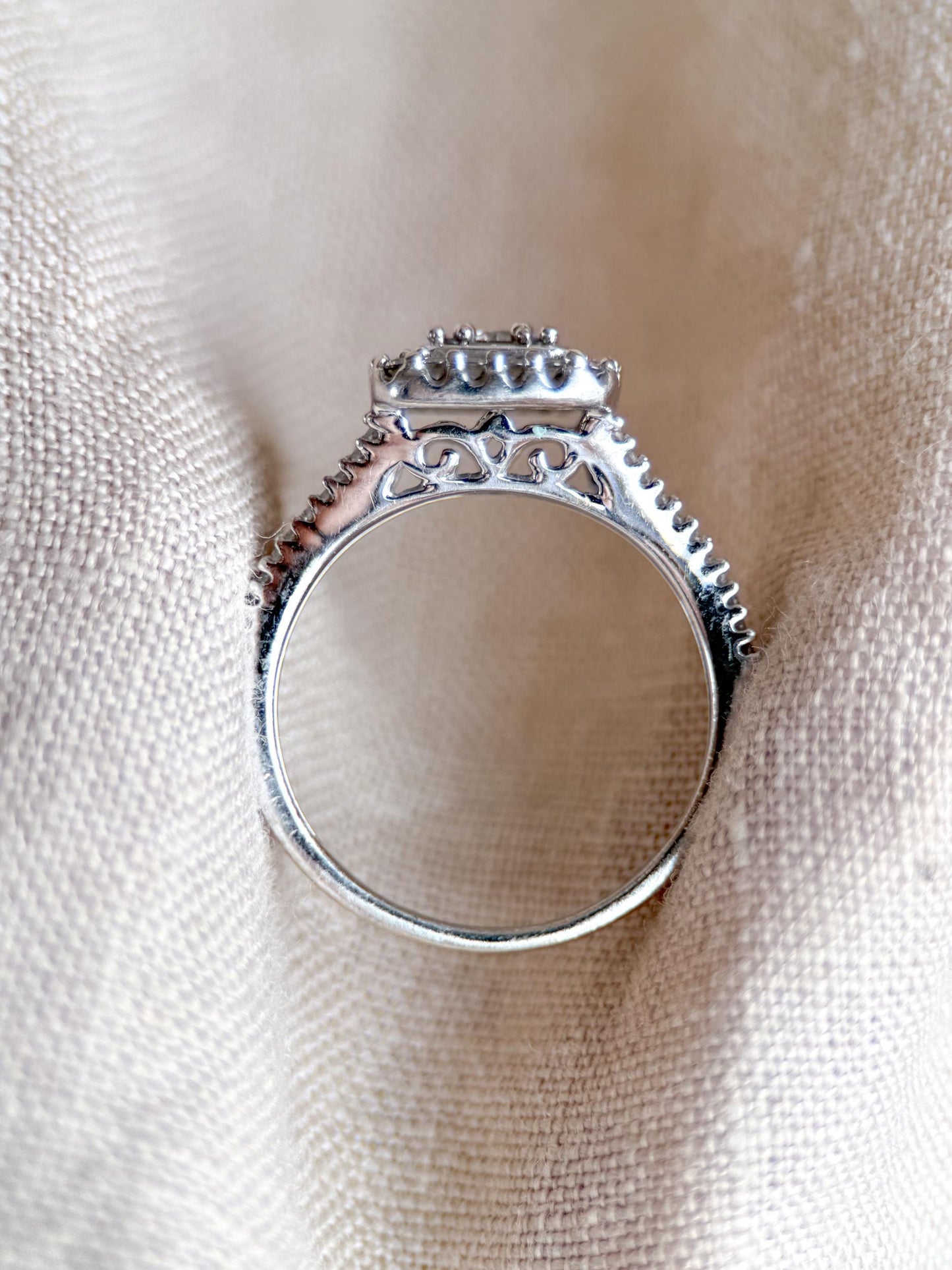 Vintage Diamond Halo Engagement Ring, Round Cut, 10k White Gold, Cushion Shaped Bridal Ring