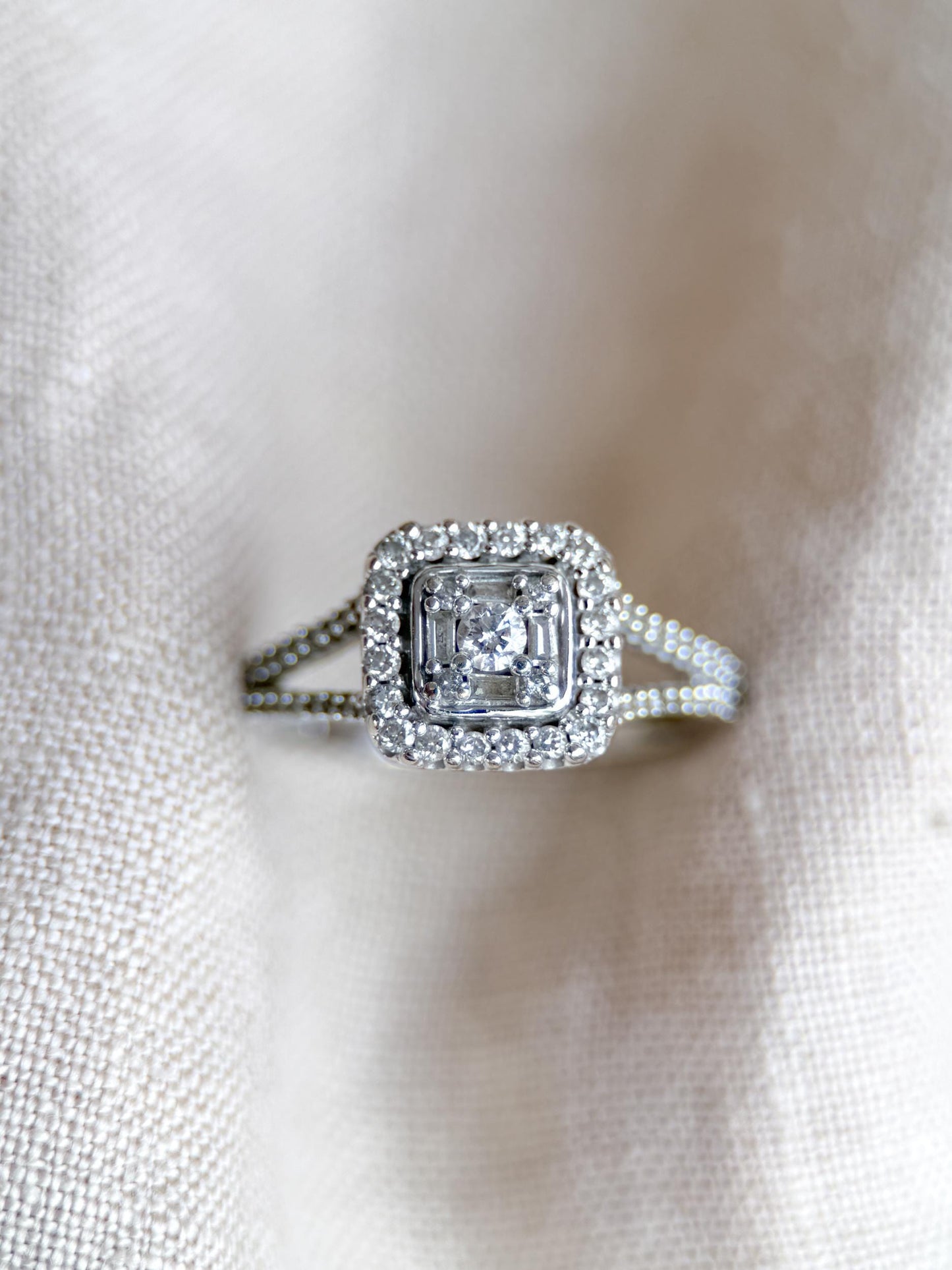 Vintage Diamond Halo Engagement Ring, Round Cut, 10k White Gold, Cushion Shaped Bridal Ring