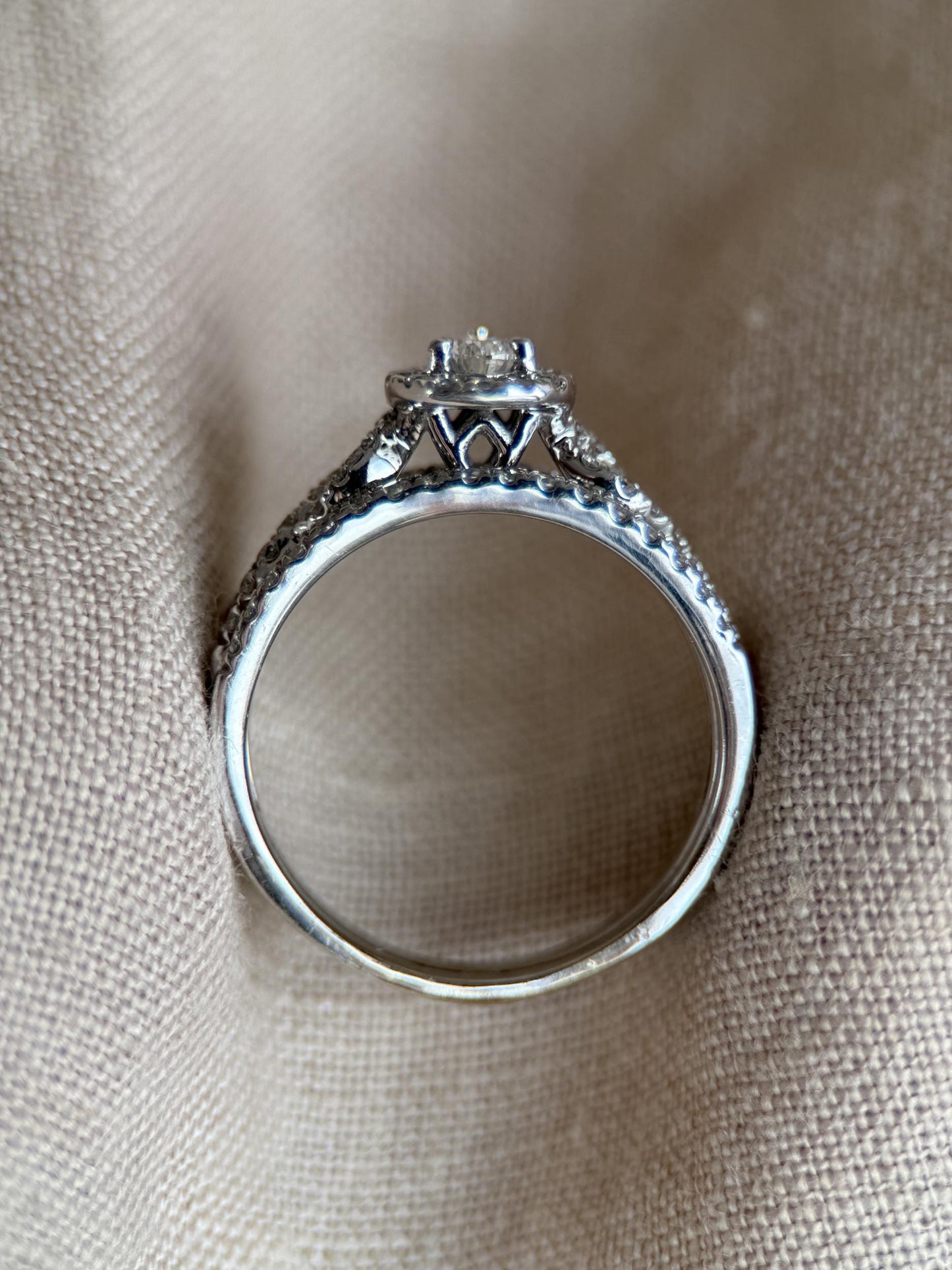Vintage Diamond Halo Engagement Ring, Pear Cut, 14k White Gold, Infinity Bridal Ring