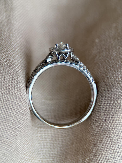 Vintage Diamond Halo Engagement Ring, Pear Cut, 14k White Gold, Infinity Bridal Ring