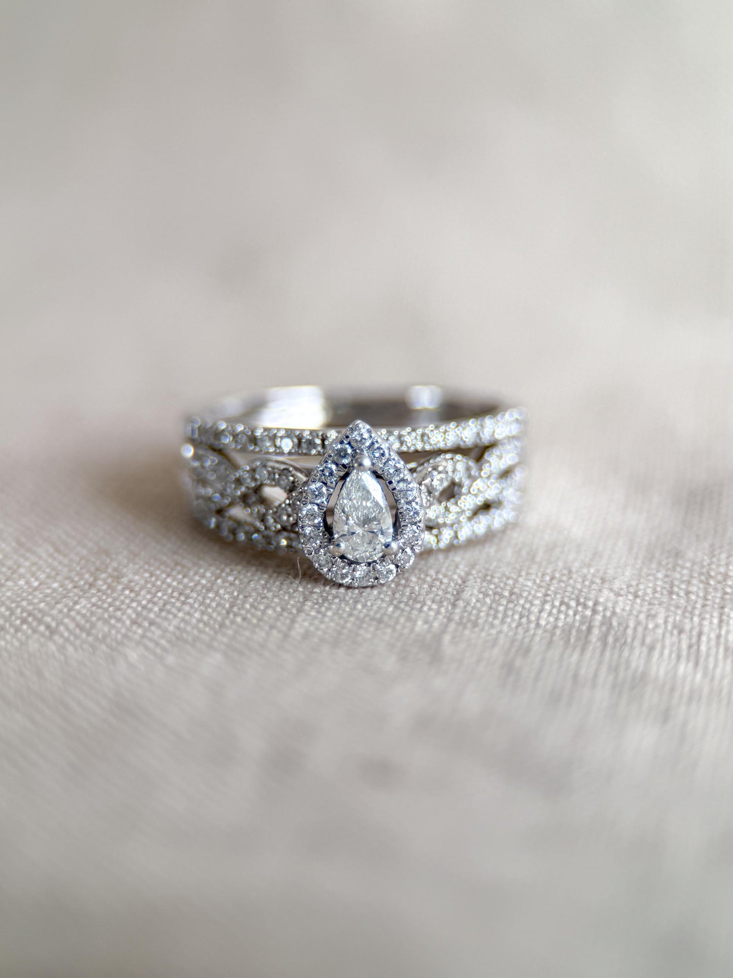 Vintage Diamond Halo Engagement Ring, Pear Cut, 14k White Gold, Infinity Bridal Ring