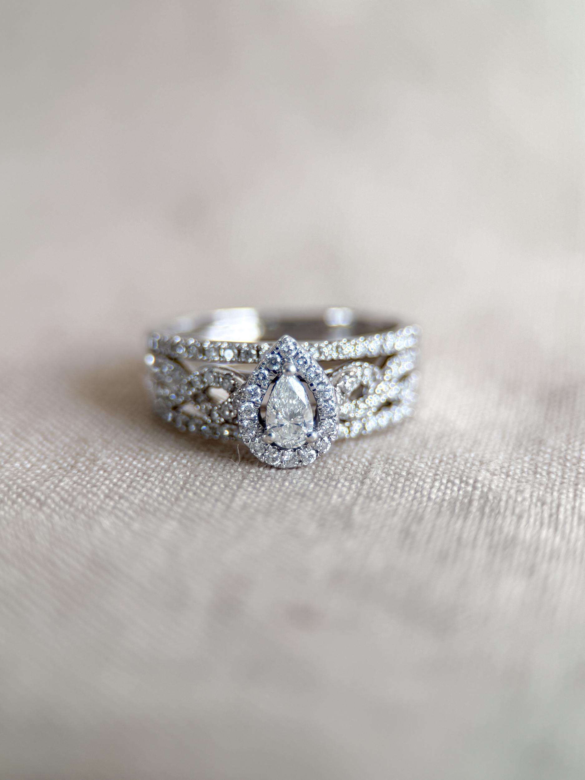 Vintage Diamond Halo Engagement Ring, Pear Cut, 14k White Gold, Infinity Bridal Ring