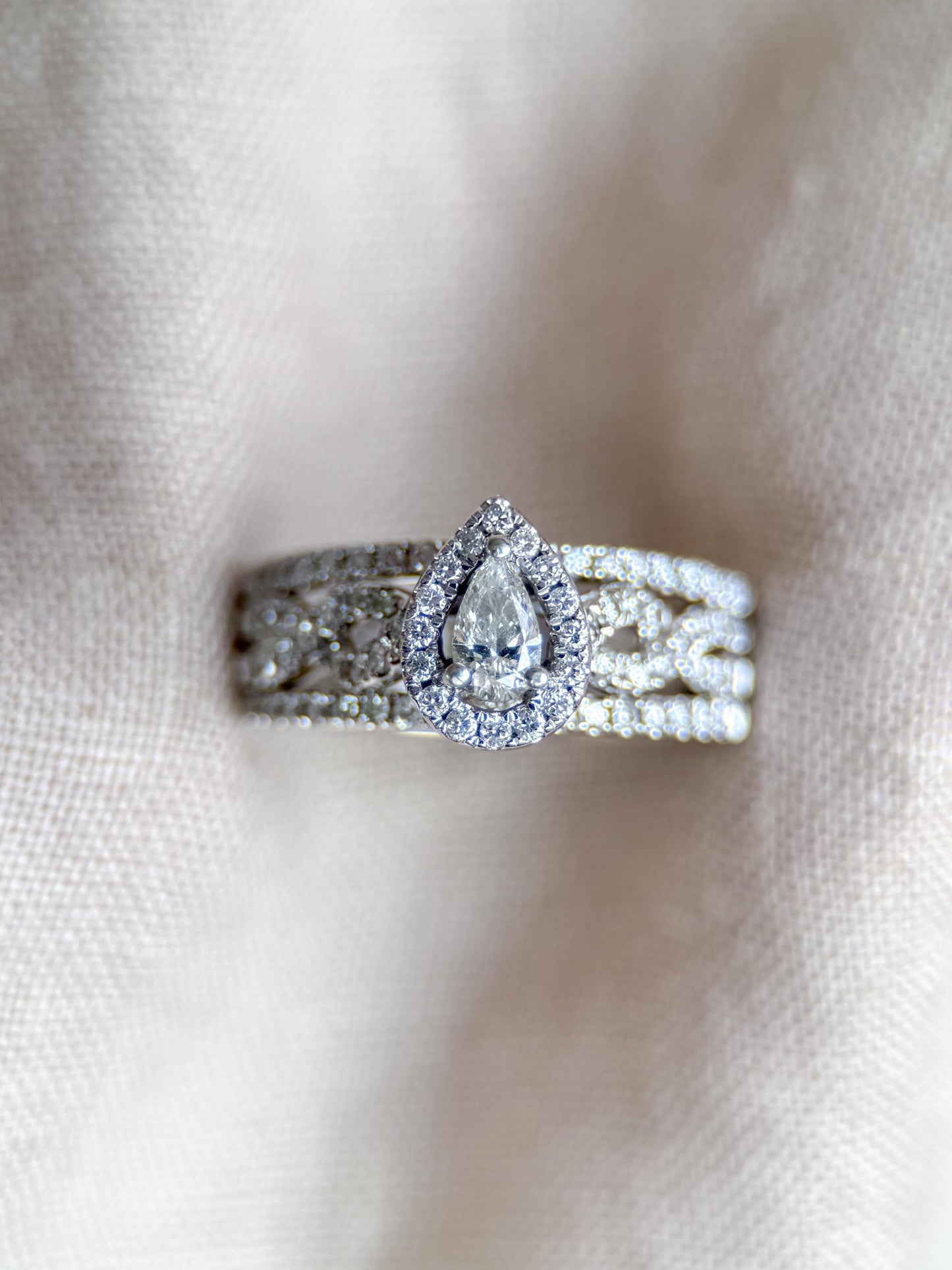 Vintage Diamond Halo Engagement Ring, Pear Cut, 14k White Gold, Infinity Bridal Ring