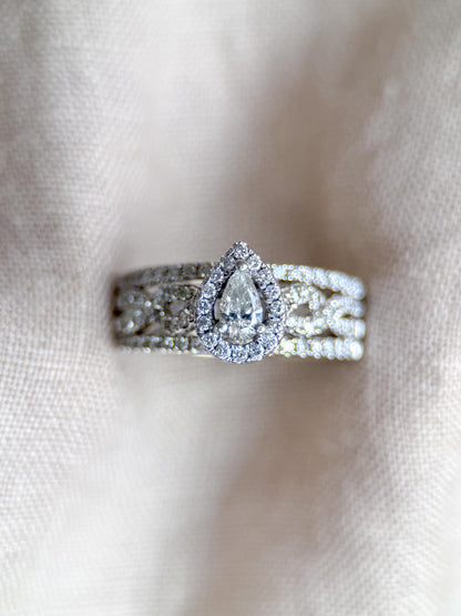 Vintage Diamond Halo Engagement Ring, Pear Cut, 14k White Gold, Infinity Bridal Ring