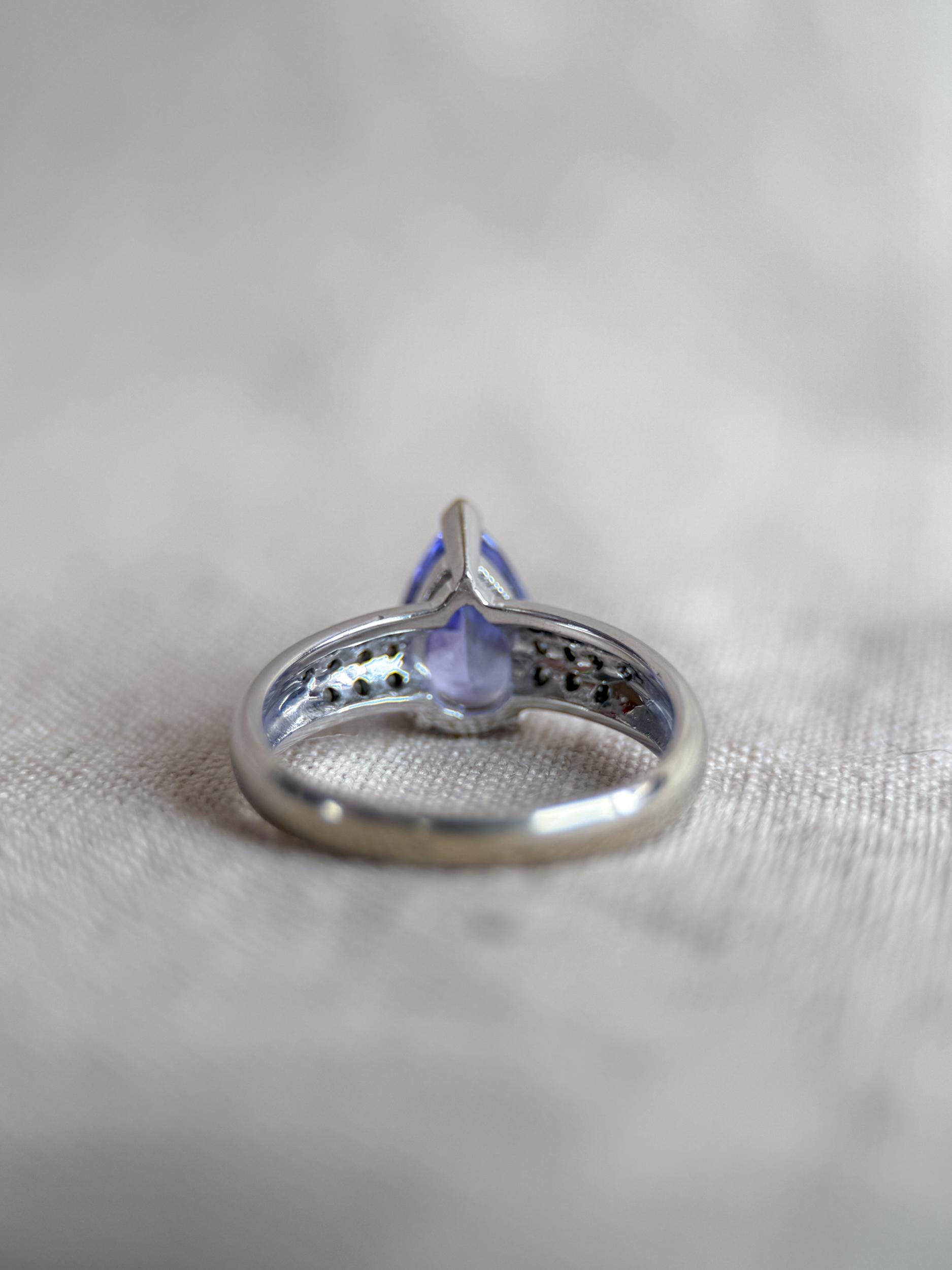 Vintage Tanzanite and Diamond Engagement Ring, Pear Cut, 14k White Gold, Pave Bridal Ring