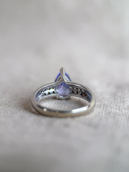 Vintage Tanzanite and Diamond Engagement Ring, Pear Cut, 14k White Gold, Pave Bridal Ring