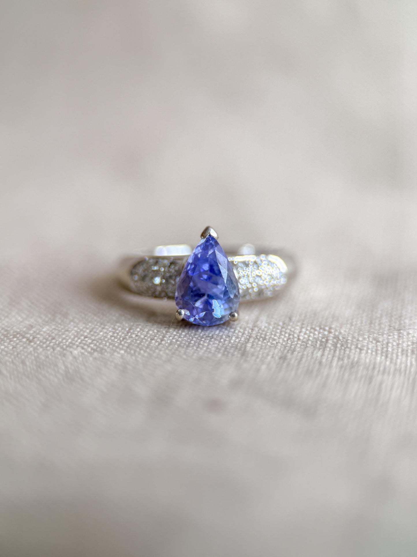 Vintage Tanzanite and Diamond Engagement Ring, Pear Cut, 14k White Gold, Pave Bridal Ring