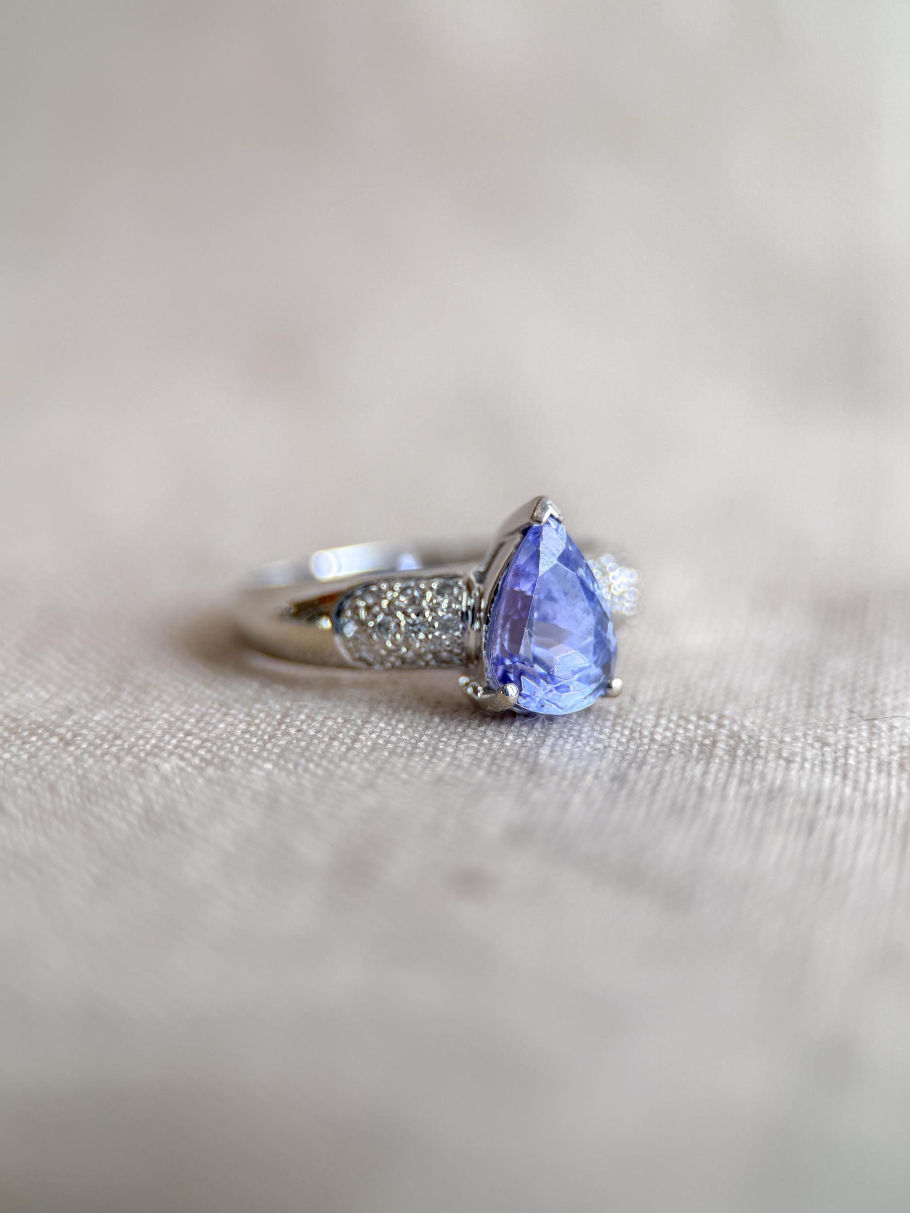Vintage Tanzanite and Diamond Engagement Ring, Pear Cut, 14k White Gold, Pave Bridal Ring