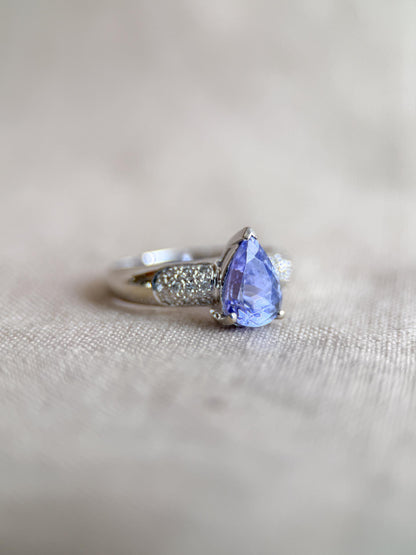 Vintage Tanzanite and Diamond Engagement Ring, Pear Cut, 14k White Gold, Pave Bridal Ring