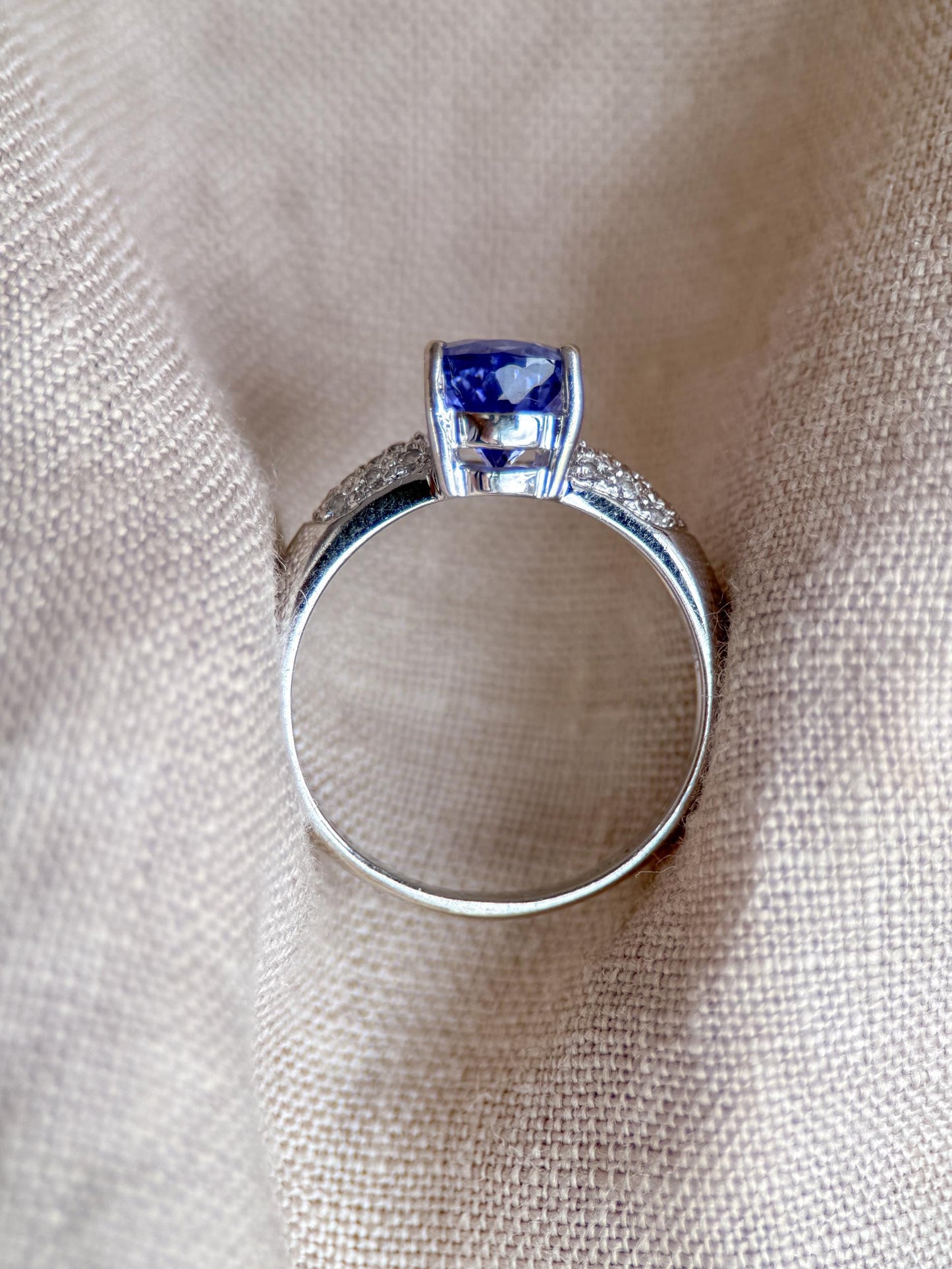 Vintage Tanzanite and Diamond Engagement Ring, Pear Cut, 14k White Gold, Pave Bridal Ring