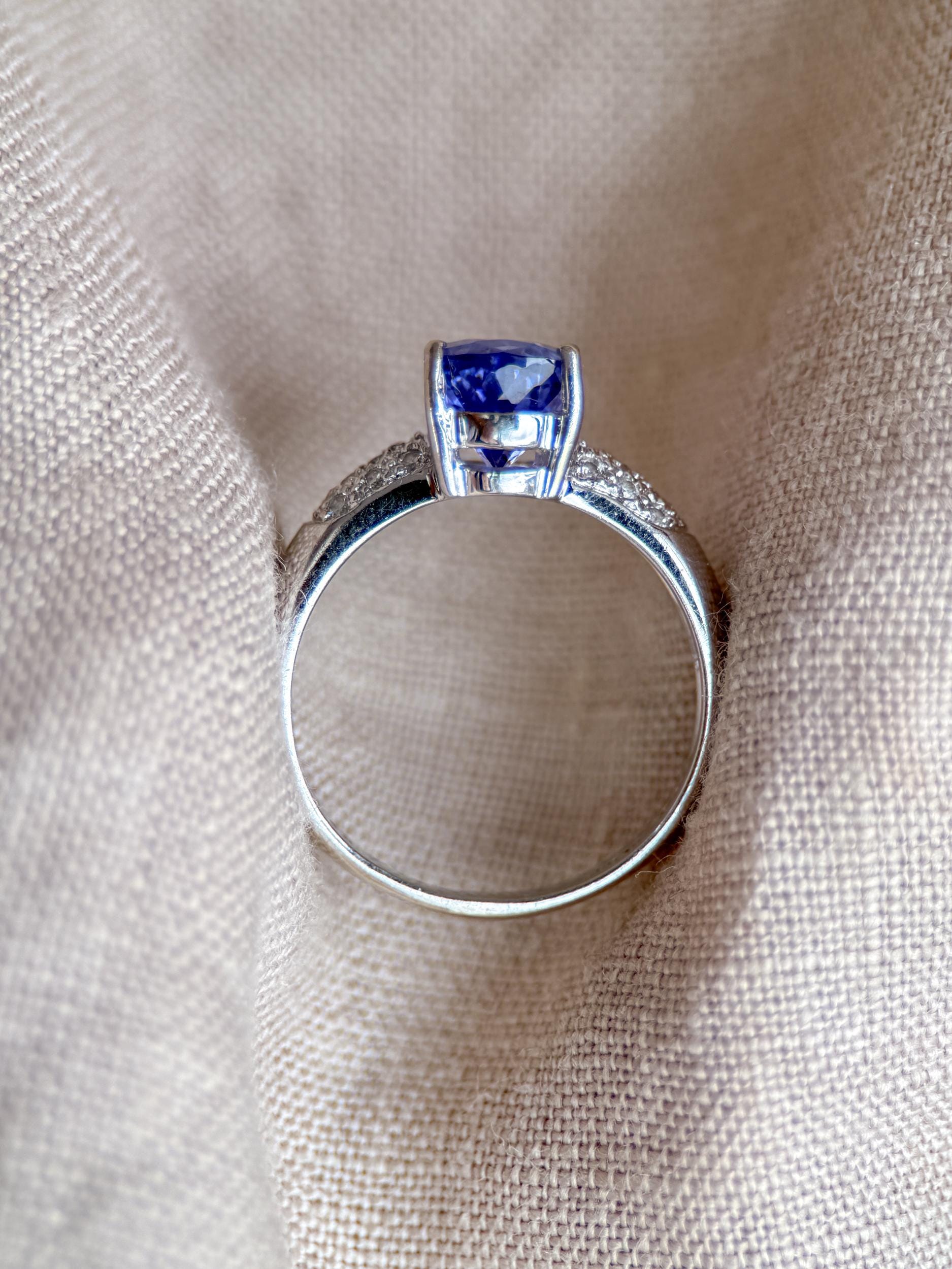Vintage Tanzanite and Diamond Engagement Ring, Pear Cut, 14k White Gold, Pave Bridal Ring