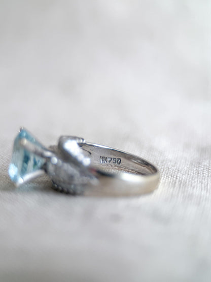 Aquamarine and Diamond Engagement Ring, Oval Cut, 18k White Gold, Baguette Accents Bridal Ring