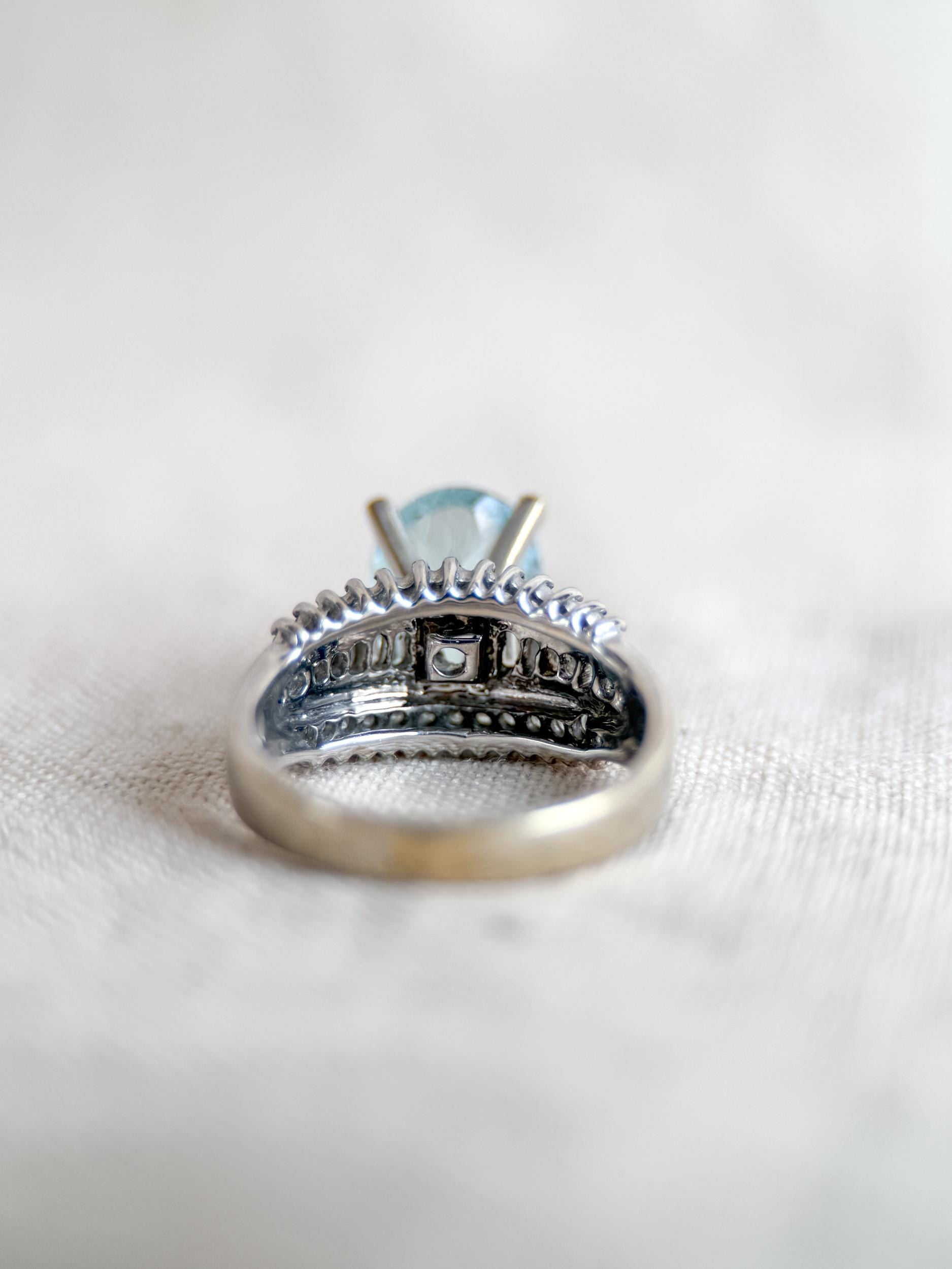 Aquamarine and Diamond Engagement Ring, Oval Cut, 18k White Gold, Baguette Accents Bridal Ring