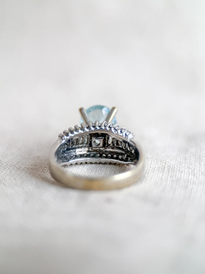 Aquamarine and Diamond Engagement Ring, Oval Cut, 18k White Gold, Baguette Accents Bridal Ring