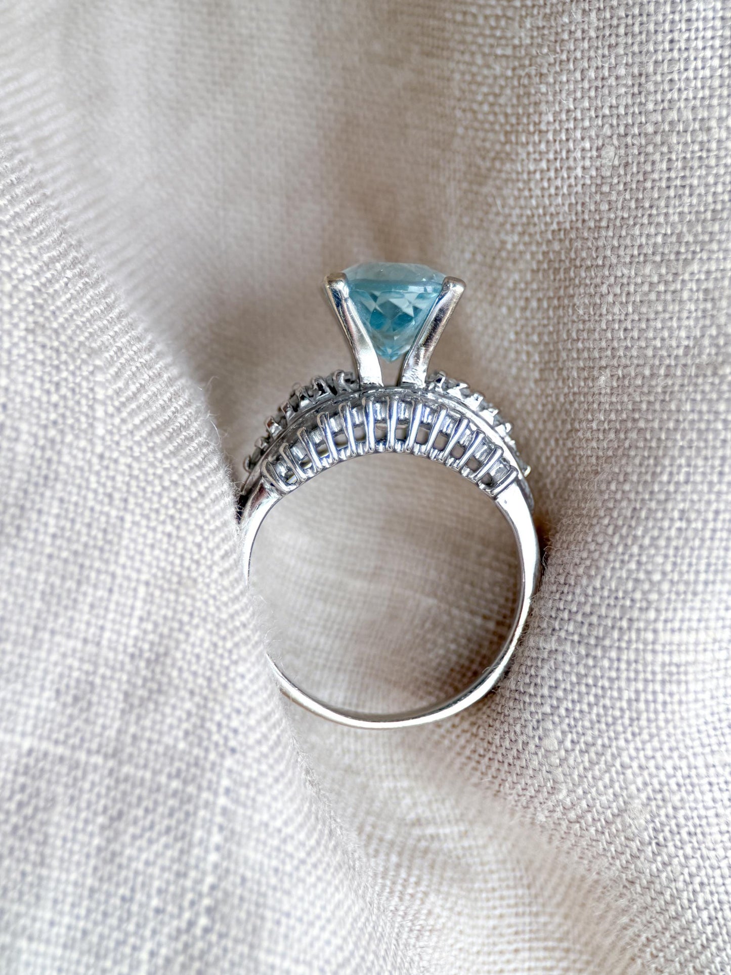 Aquamarine and Diamond Engagement Ring, Oval Cut, 18k White Gold, Baguette Accents Bridal Ring