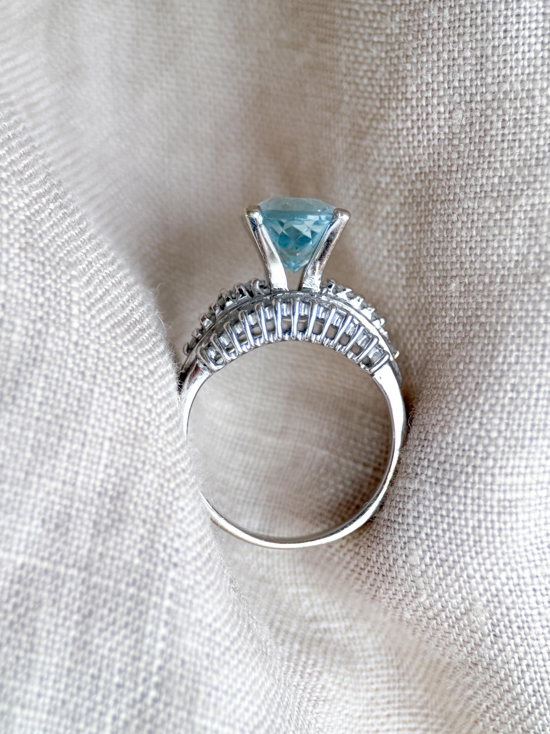 Aquamarine and Diamond Engagement Ring, Oval Cut, 18k White Gold, Baguette Accents Bridal Ring