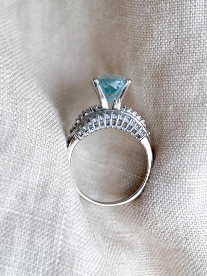 Aquamarine and Diamond Engagement Ring, Oval Cut, 18k White Gold, Baguette Accents Bridal Ring