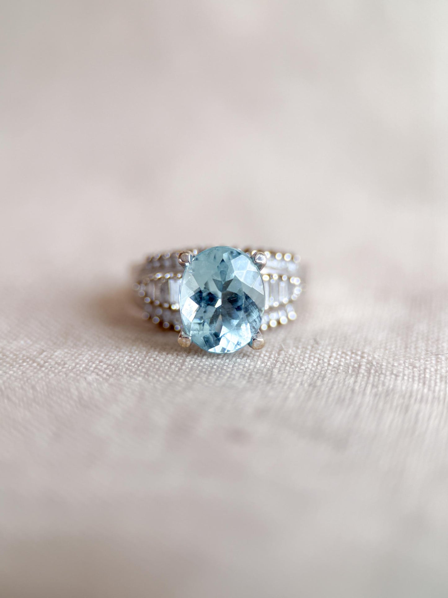 Aquamarine and Diamond Engagement Ring, Oval Cut, 18k White Gold, Baguette Accents Bridal Ring