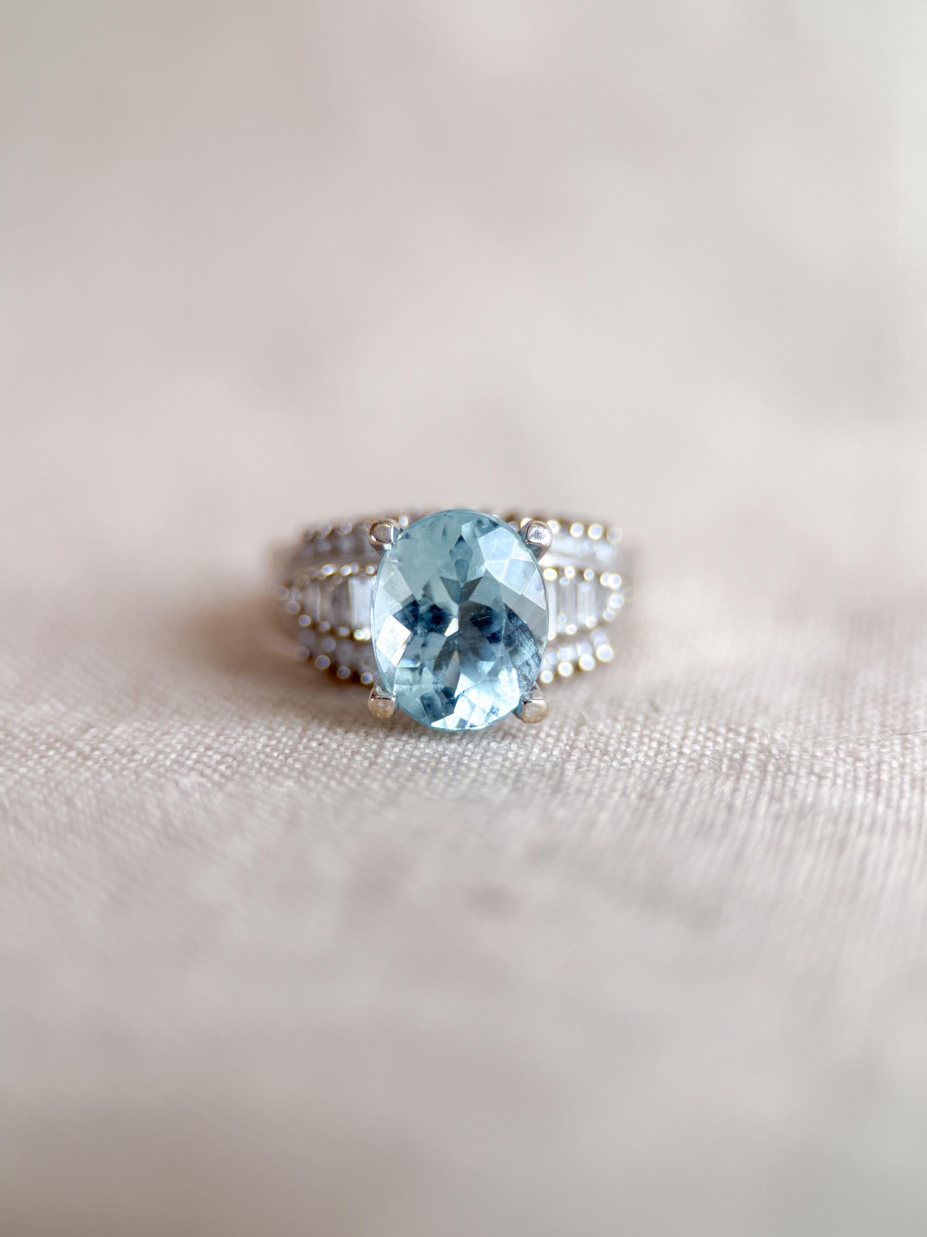 Aquamarine and Diamond Engagement Ring, Oval Cut, 18k White Gold, Baguette Accents Bridal Ring