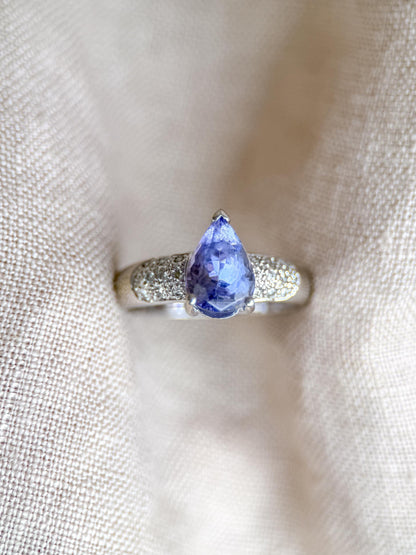 Vintage Tanzanite and Diamond Engagement Ring, Pear Cut, 14k White Gold, Pave Bridal Ring