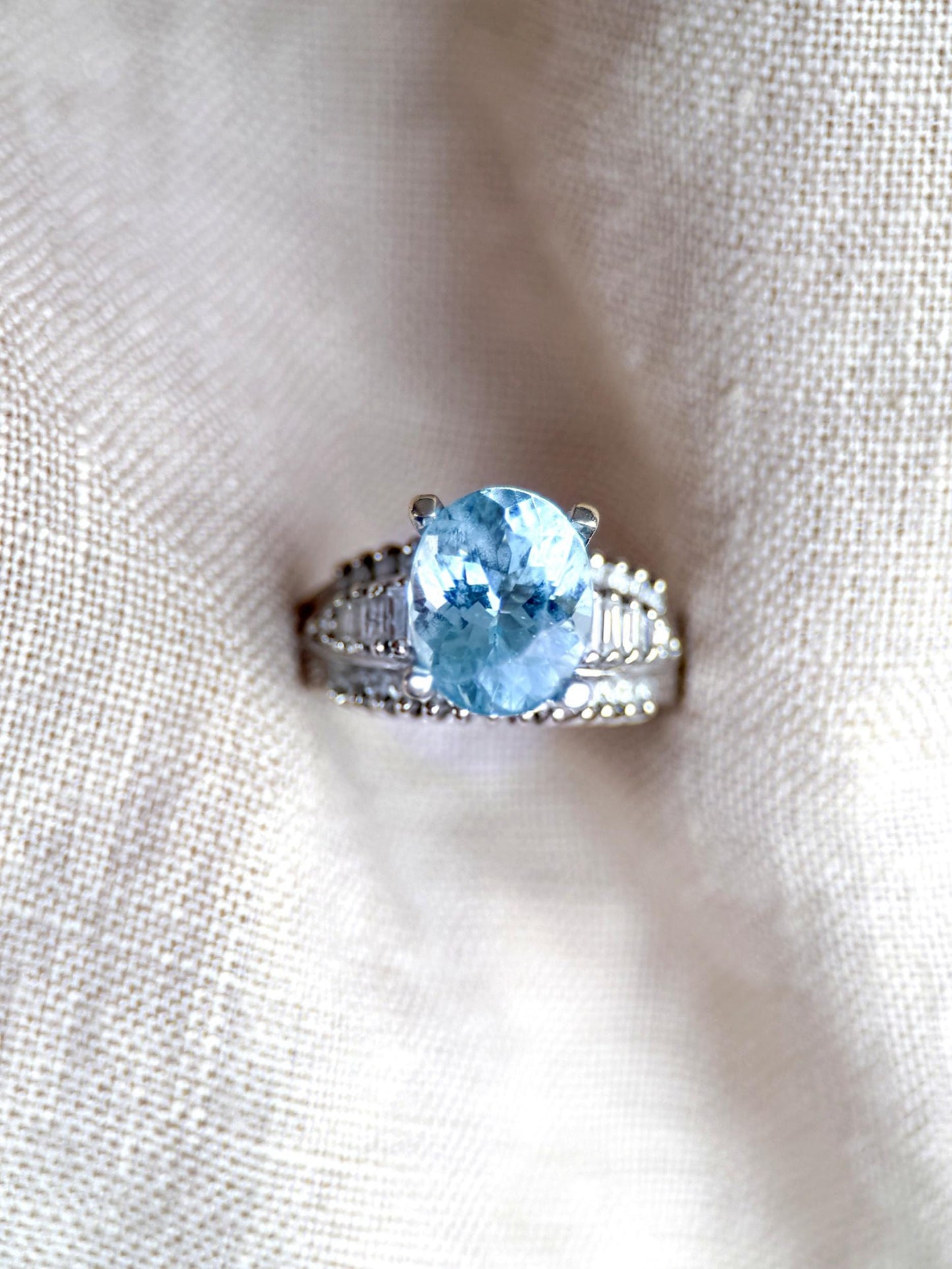 Aquamarine and Diamond Engagement Ring, Oval Cut, 18k White Gold, Baguette Accents Bridal Ring