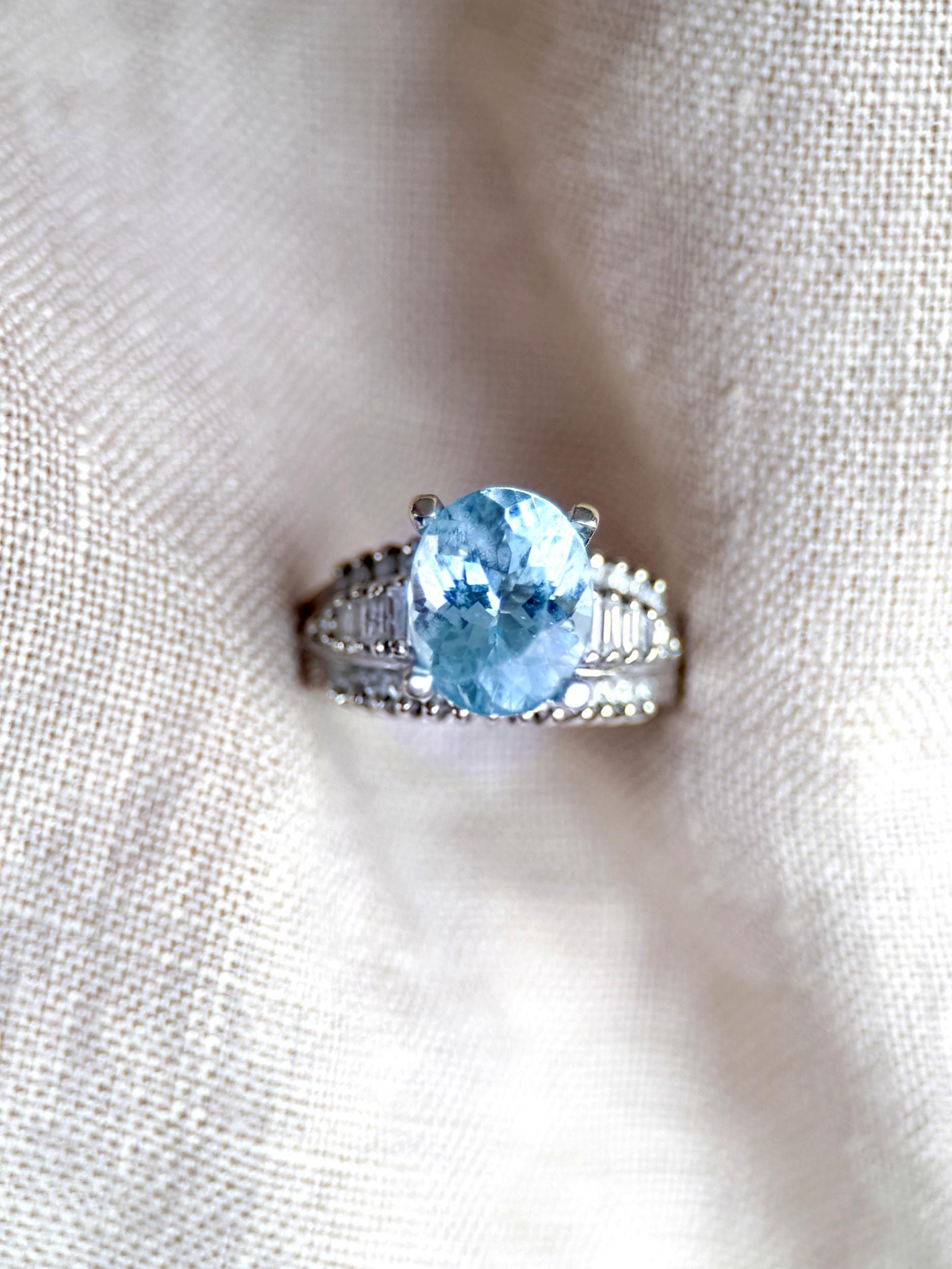 Aquamarine and Diamond Engagement Ring, Oval Cut, 18k White Gold, Baguette Accents Bridal Ring