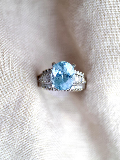Aquamarine and Diamond Engagement Ring, Oval Cut, 18k White Gold, Baguette Accents Bridal Ring